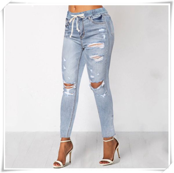 

2020 autumn women's waist hole small foot elastic cotton jeans, Blue