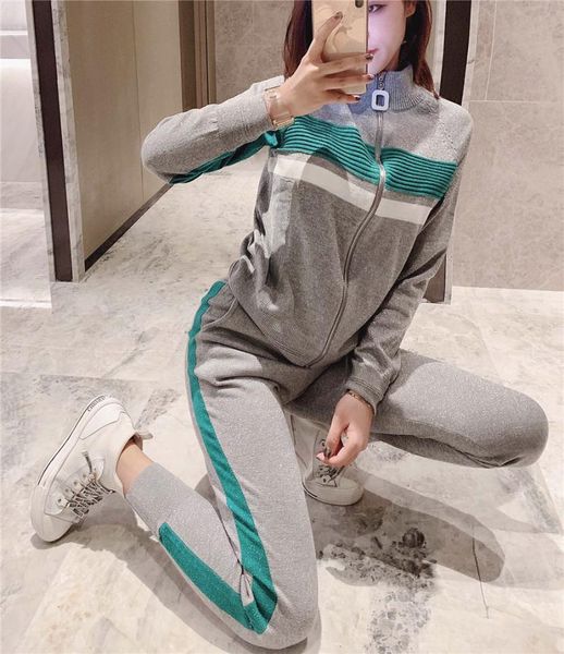 

spring leisure sport two piece set women long sleeve knit coat suit knit sweashirt zipper cardigans and trouser blue/pink/gray, White;black