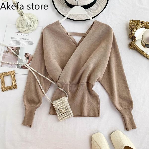 

autumn sweater women's new temperament v-neck fashion bat sleeve high waist was thin wild bottoming shirt shirt knit sweater, White;black
