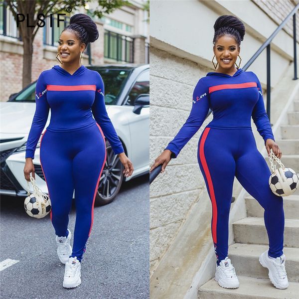

classic style fashion women tracksuit blue color long sleeve hooded and long pant slim 2 pieces sweatsuits, Gray