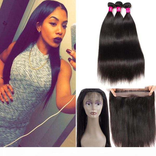 

8a remy brazilian virgin hair weaves body wave straight 3 bundles with 360 full lace closure wholesale brazilian human hair extensions, Black;brown