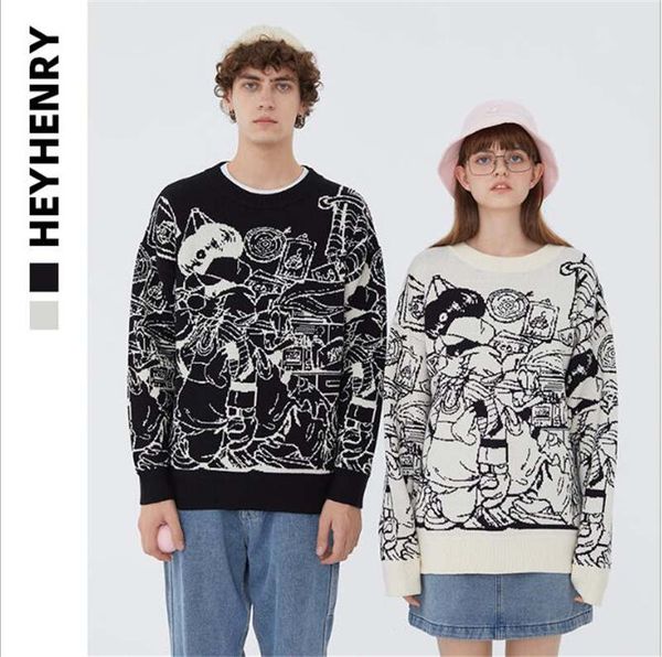 

japanese retro cartoon trend ins autumn sweater male couple tide brand personality sweater fashion strange printing, Black