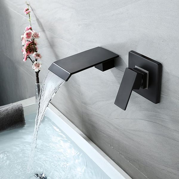 

basin waterfall faucet mixer wall mounted black matte single handle in-wall bathroom sink faucet 2 holes & cold tap torneira
