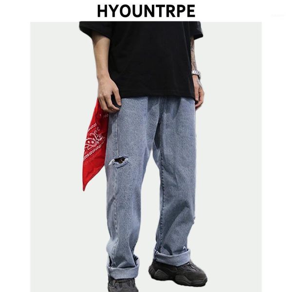

side holes retro denim wide leg pants men fashion straight trouser plus size rap hip hop streetwear new casual spring long pant1, Blue