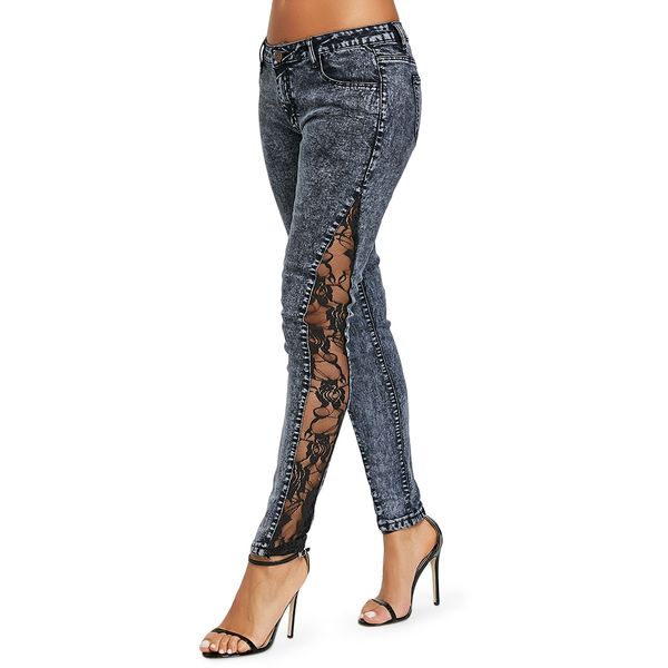 

sheer lace side low waisted jeans, Blue