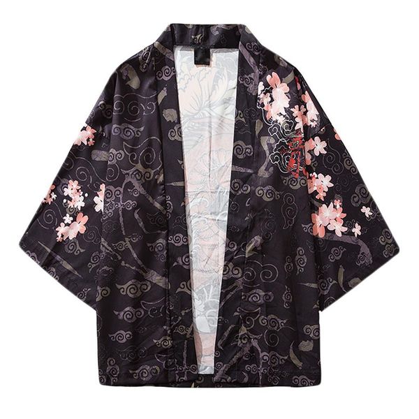 

camisa fashion mens cardigan national print yukata loose jacket coat baggy summer casual shirt japan kimono men clothing, Black;brown