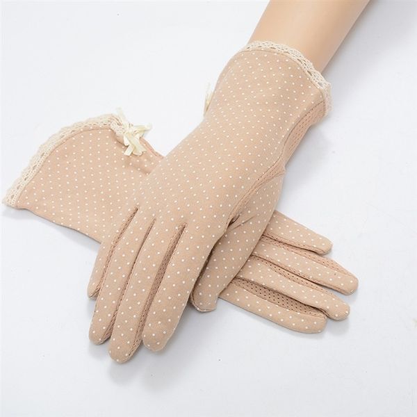 

women' fashion cotton summer lace patchwork anti-skid sun protection driving short thin dot women gloves, Blue;gray