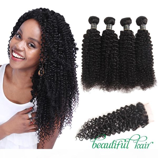 

9a kinky curly hair 3 4 bundles with closure brazilian virgin human hair with lace closure water deep wave loose wave with closure, Black