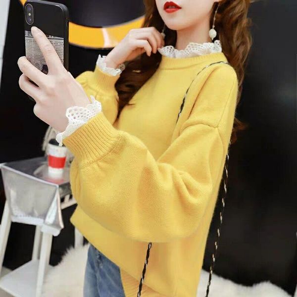 

lace pullover sweater women 2021 winter spring stitching round neck loose fit warm base knitted sweaters sweet female flower, White;black