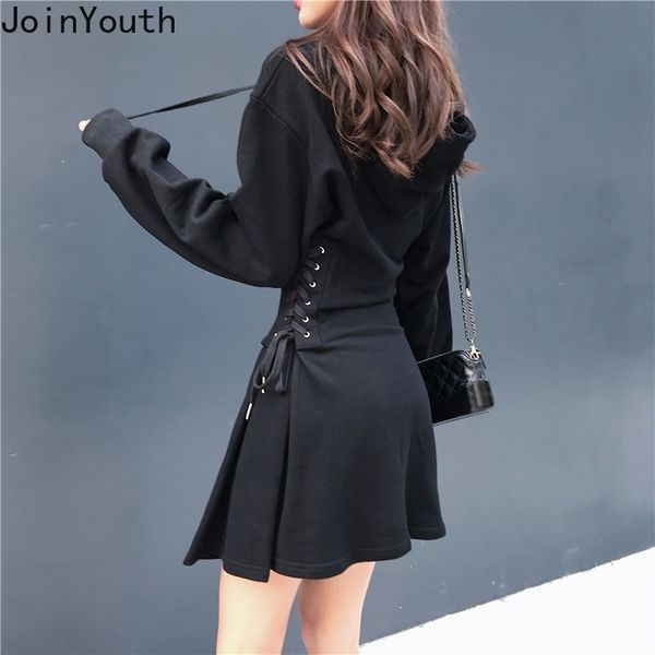 

joinyouth hooded pullover sweatshirt dress cross bandage slim waist a-line mini vestidos long sleeve korean dresses 56781 y200805, Black;pink