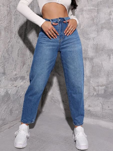 

high waist mom fit jeans n1n3#, Blue