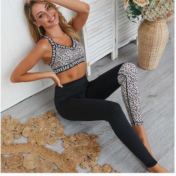 

women's leopard print splicing fitness sportswear outdoor running 2-piece set of letter printing adjustable shockproof bra, White;red
