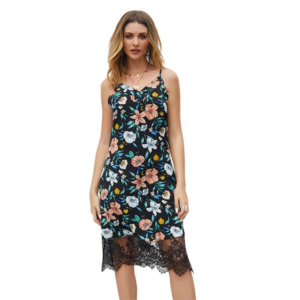 

original design 2020 summer european and american style lace strap stitching womens dress, Black;gray