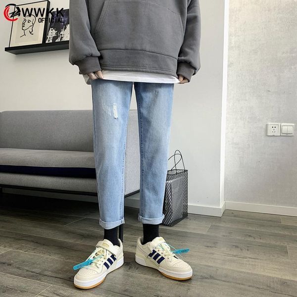 

wwkk 2020 spring cartoon printed jeans men straight loose popular korean teenagers student port wind ankle length pants1, Blue