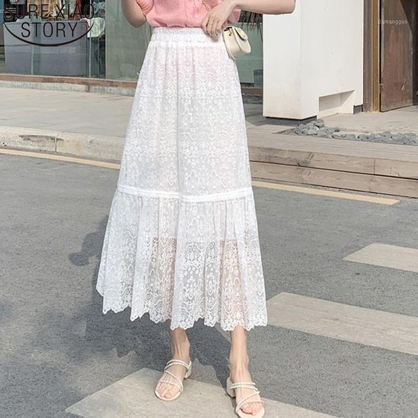 

2020 new elastic waist a-line women lace vintage high waist elegant high street floral office lady womens skirts 3 colors 101171, Black