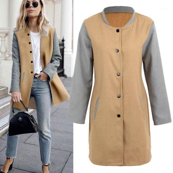 

2020 autumn winter women coat and jacket contrast patchwork long sleeves pockets buttons warm casual streetwear outerwear1, Black