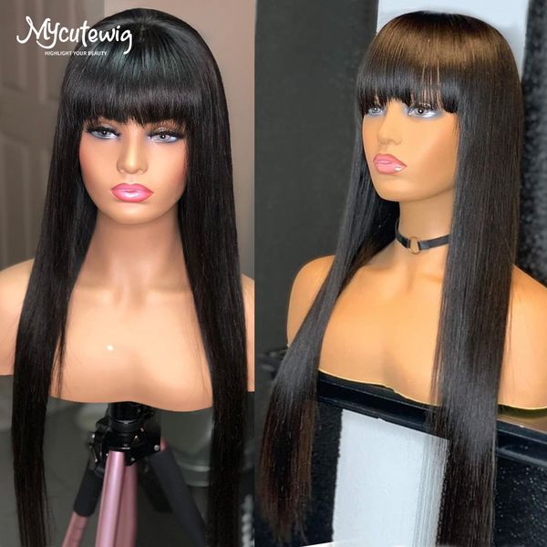 

lx brand straight wig with bangs fringe bob human hair wig for women brazilian remy glueless full machine made natural black fringe wigfacto