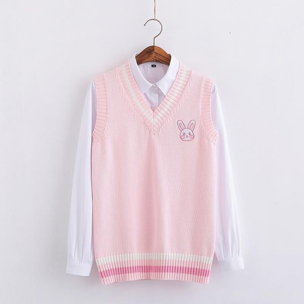 

pink small rabbit embroidery pattern sweater vest high school japanese style knitting long pullover drop shipping high quality, White;black