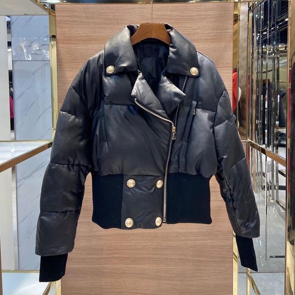 

the new 2021 import sheepskin leather leather female paragraphs short down jacket coat jackets with big, Black