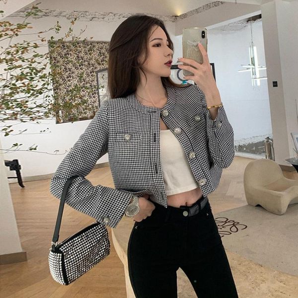 

hong kong style autumn 2021 new retro rhinestone single breasted crew neck long sleeve short style thousand bird check jacket wo, Black;brown