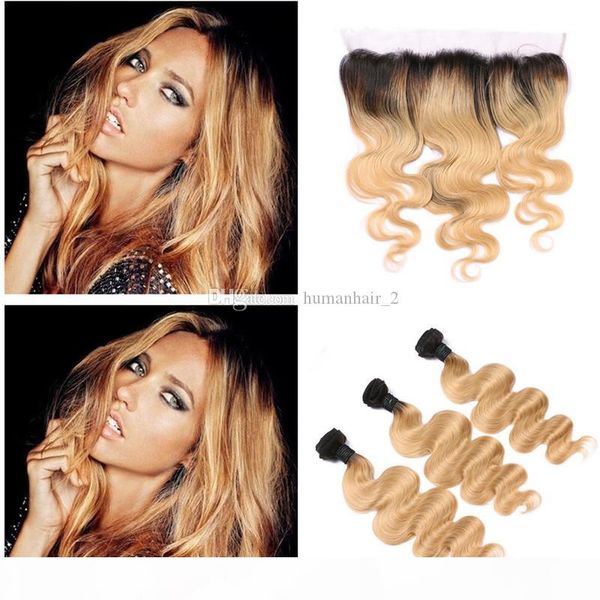 

two tone colored 1b 27 honey blonde body wave human hair weave with lace frontal closure peruvain virgin hair with lace frontal closure, Black;brown