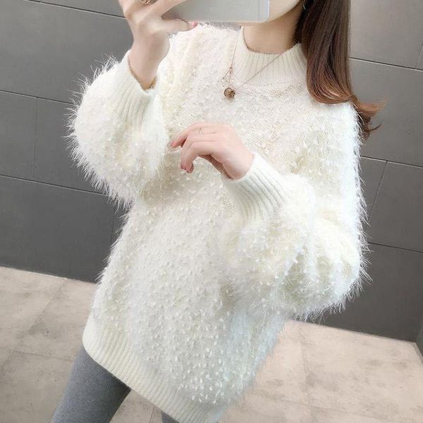 

half high collar thickened women's sweater,new korean version of bright silk loose and lazy style pullover horse hair bottom top, White;black