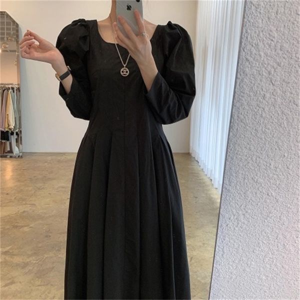 

2021 new fancy female style dress long solid square beanbag puff sleeves the line dressed up ankle-long wear spring fqo8, Black;gray