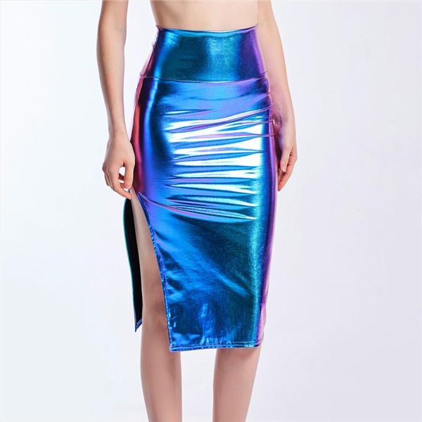 

fashion high split skinny skirts for women bling laser holographic midi skirts night party club pu patchwork skirt, Black
