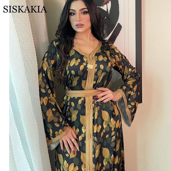 

siskakia elegant ethnic print maxi dress for women autumn muslim jalabiya dubai moroccan caftan middle eastern clothes 220309, Black;gray