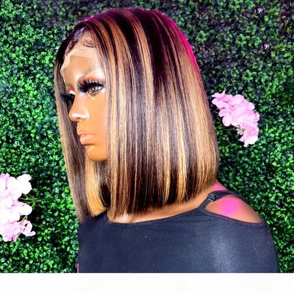 

#27 highlight color bob wig 150% ombre lace front human hair wigs for women blonde 4x4 colored remy brazilian straight lace wigs, Black;brown