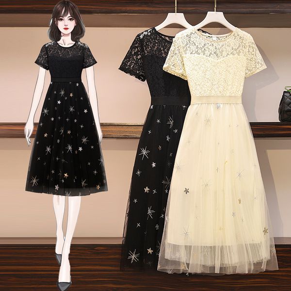 

plus size slim sequin star lace patchwork cutout gauze short sleeve o-neck knee-length a-line black beige cocktail dress party