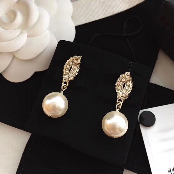 

designer earrings classic double letter logo inlaid with diamond pearl pendant earrings 925 silver needle with box l0-c26, Golden;silver