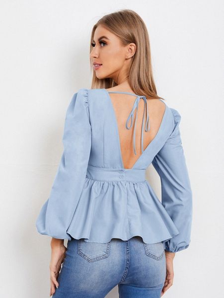 

lantern sleeve tied backless peplum m6js#, White