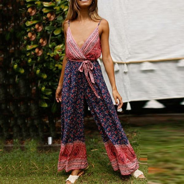 

jumpsuit plus size fashion women casual sashes comfortable summer sleeveless sling strappy print idyllic long jumpsuit#g11, Black;white