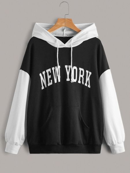 

drop shoulder letter graphic colorblock drawstring hoodie v88m#, White;black