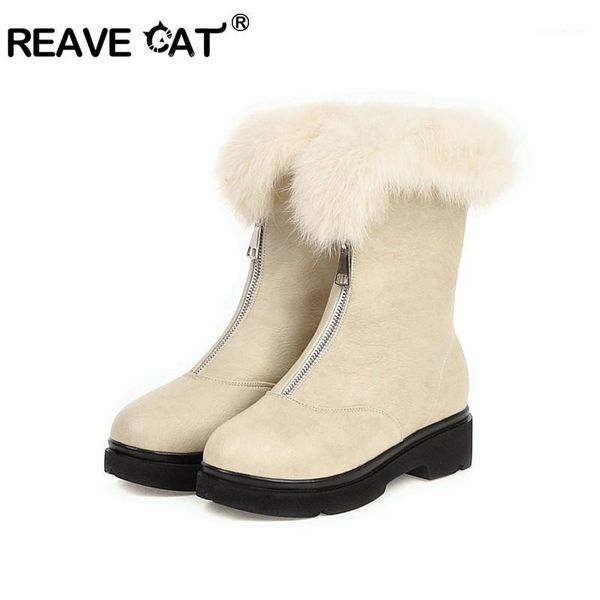 

boots reave cat women snow ankle ladies leather shoes platform winter warm plush thick fur low heels footewar botas mujer1, Black