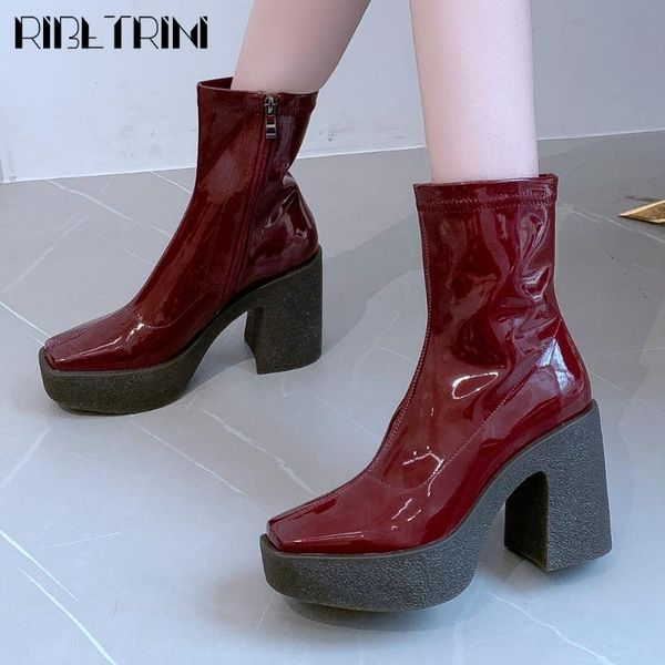 

boots ribetrini fashion female high block heels ankle shoes brand square toe women autumn dress platform, Black