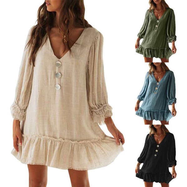 

deep new v-neck women's a-line skirt loose long sleeve ruffled cotton linen dress, Black;gray