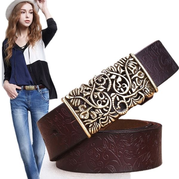 

genuine cowskin leather belts for women carved design retro metal women strap cintos ceinture female belts y200428, Black;brown