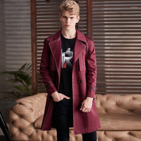 

2020 spring/autumn men's mid-length windbreaker england male double-breasted fashion wine red trench man's outwear1, Tan;black