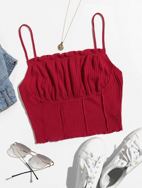 

frill trim ruched front rib-knit cami u7fg#, White