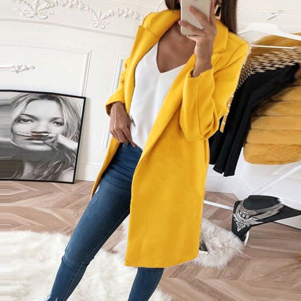 

women's with solid color vintage long women 2021 elegant v-neck button lapel pocket woolen coat, Black
