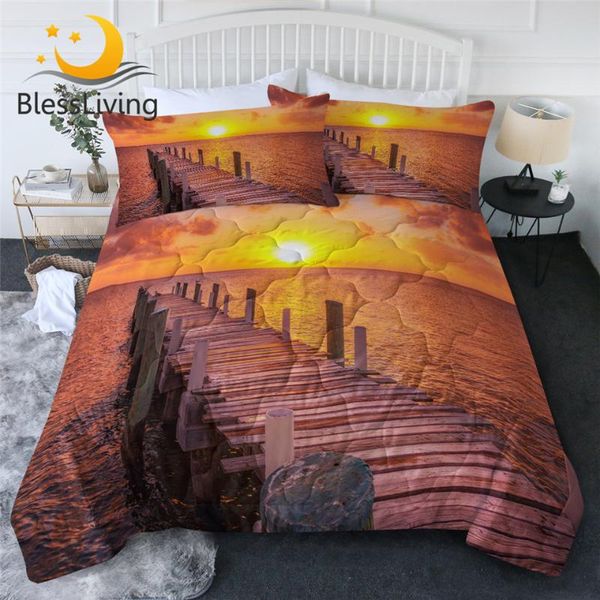 

blessliving sunset summer quilt boat fishing dock thin duvet 3d printed bedding queen beautiful scenery summer bedspread 3-piece