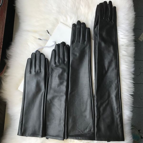 

women' genuine leather gloves black long sheepskin glove over elbow 4050cm ladies mittens winter velvet warm fashion arm sleeve 201104, Blue;gray