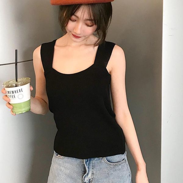 

women knitted tank summer sleeveless pullover square collar camisole vest rk1, White