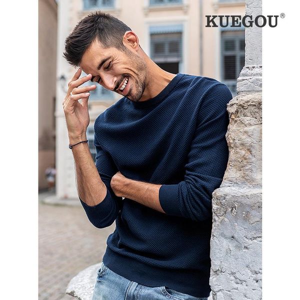 

kuegou 2020 autumn 100% cotton plain black sweater men pullover casual jumper for male brand knitted plus size clothing 32009, White;black