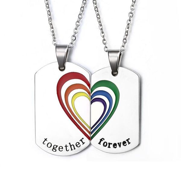 

anl041, stainless steel rainbow heart "together forever" necklace lesbian pride gay pride chain choker dog tag necklace, Silver