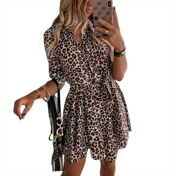 

women leopard print shirt mini dress long sleeve high waist button female fashion party clue short dresses, Black;gray