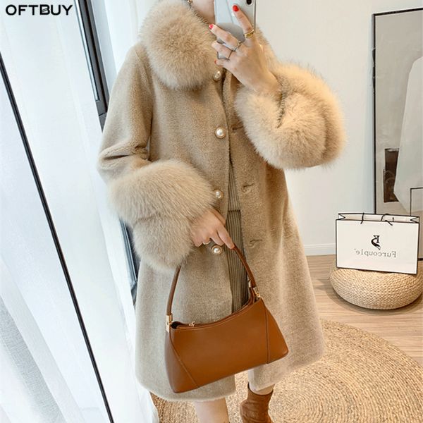 OFTBUY Kadın Kış Ceket Gerçek Granül Koyun Kesme Ceket Doğal Fox Kürk Yaka Streetwear Kalın Sıcak Giyim Rahat 201103
