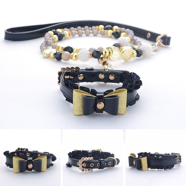

dog collars & leashes pet cat leash adjustable pu leather black artificial pearl bling studded collar for necklace